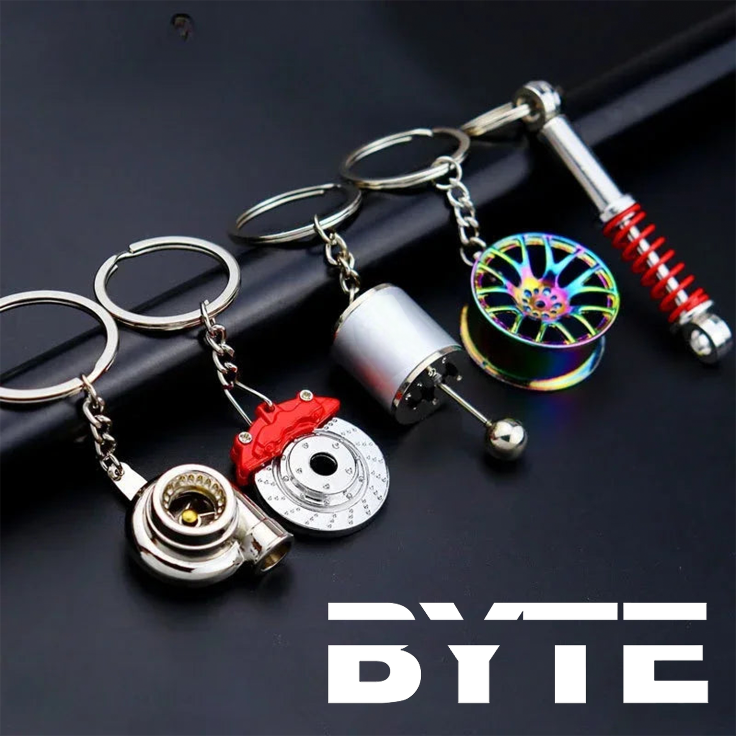 Metal Car Accessories Keychain KeyRing (Turbo, Gearbox, Brake Disc, and More)